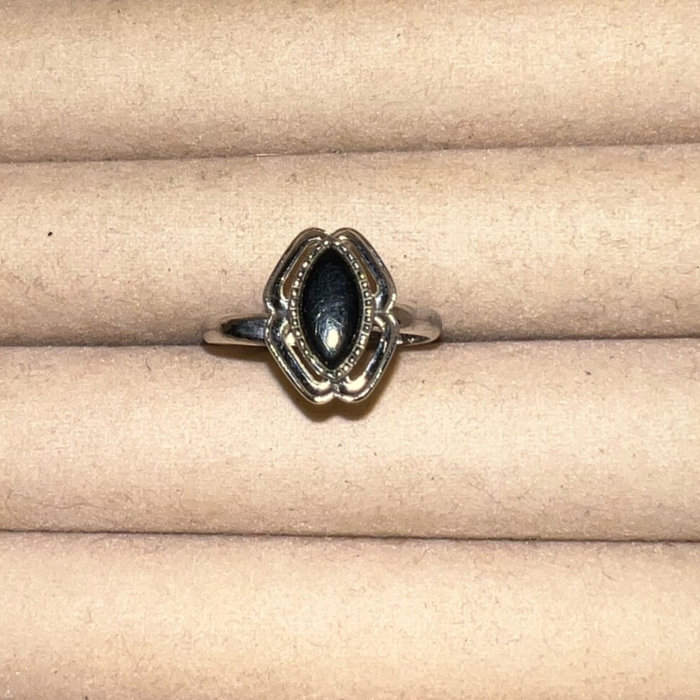 Vintage Emmons Black Rhinestone Silver Tone Adjustable Ring